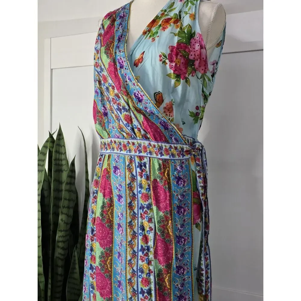 Ruby YaYa Womens Modal Boho Midi Wrap Dress Floral Beaded V-Neck Sleeveless S - Picture 2 of 8